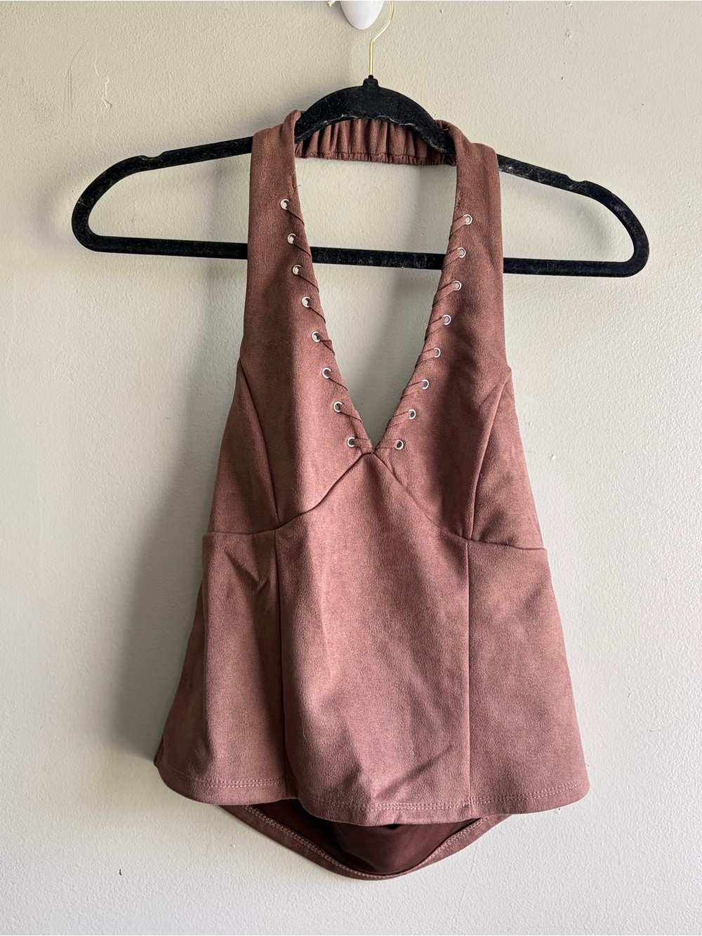 Caution To The Wind Brown Halter Neck Top Faux-Suede Lace Up Western - Large